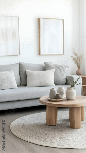 Elegant living room with soft gray sofa, round wooden table, and modern decor. A perfect blend of comfort and style.