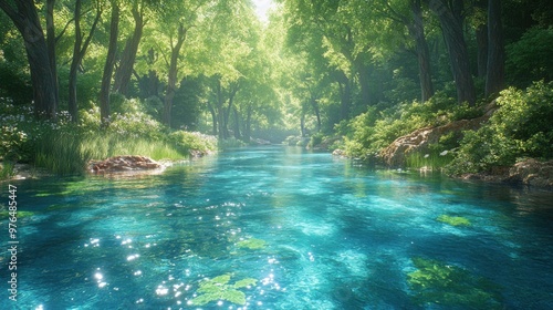 Serene Blue River in Lush Forest - Nature Conservation and Clean Water Concept