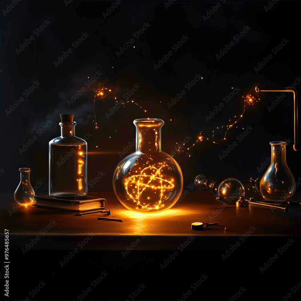 A glowing flask on a laboratory table, filled with swirling atomic energy and surrounded by scientific glassware, symbolizing the magical intersection of alchemy, physics, and discovery. A glowing flask on a laboratory table, filled with swirling atomic energy and surrounded by scientific glassware, symbolizing the magical intersection of alchemy, physics, and discovery.