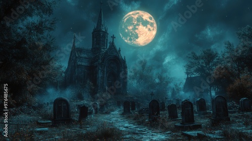 Haunting Scene in Spooky Graveyard: Ghostly Figure, Crooked Tombstones, and Ancient Mausoleum under Full Moon