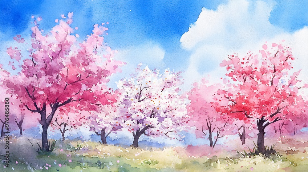 Watercolor painting of a meadow with blooming trees. Watercolor painting of a meadow with blooming trees.