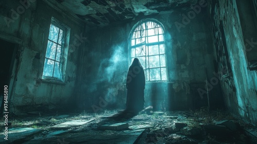 Haunting Presence: Ghostly Figure in Abandoned Building under Moonlight Shadows