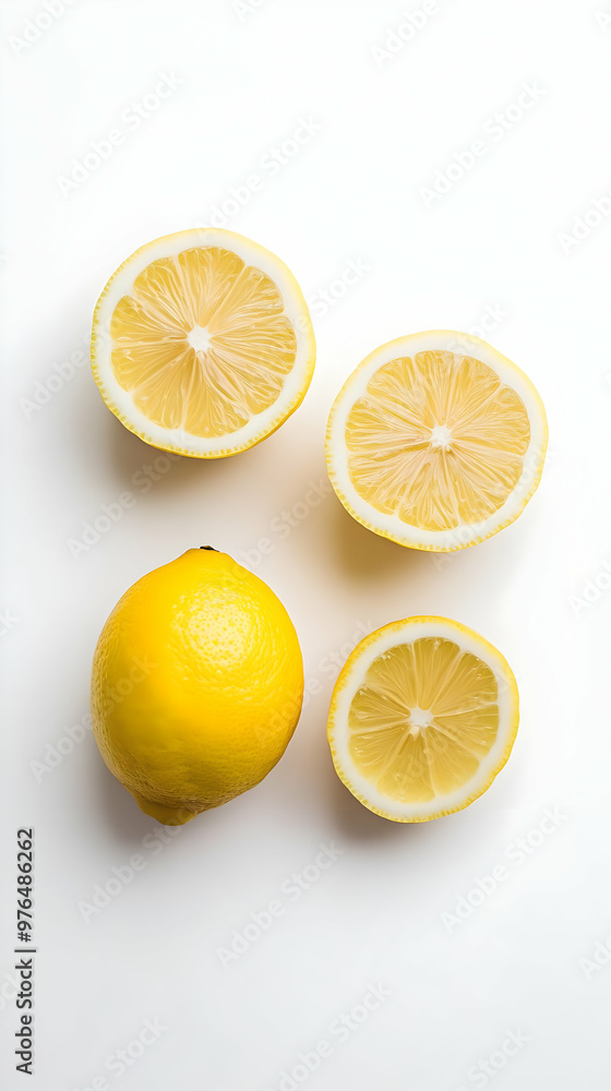 Fresh yellow lemons and slices arranged on a clean white surface, perfect for culinary or health-related themes. Fresh yellow lemons and slices arranged on a clean white surface, perfect for culinary or health-related themes.