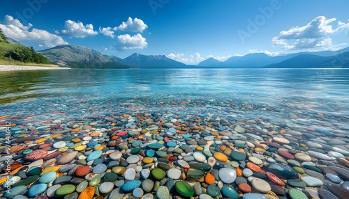 The sea is full of colorful pebbles, and the pebble beach on both sides is covered with many colored glass stones