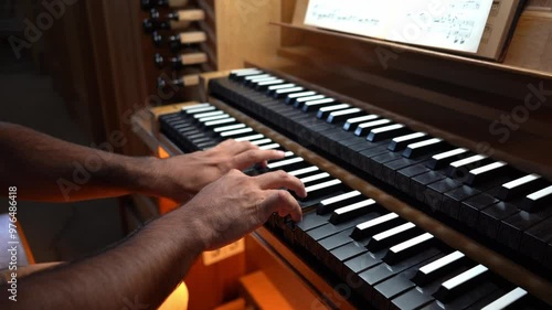 Right side view of Organist's hands playing organ in Catholic Church.