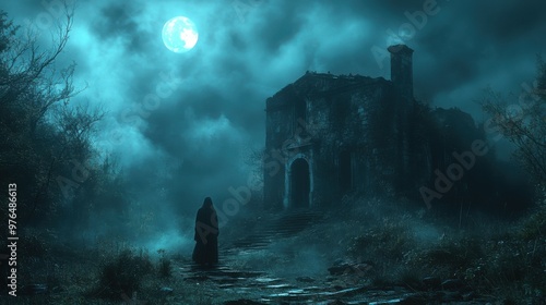 Creepy Haunted House on Moonlit Hill with Ghostly Figure and Eerie Shadows - Spooky Halloween Scene