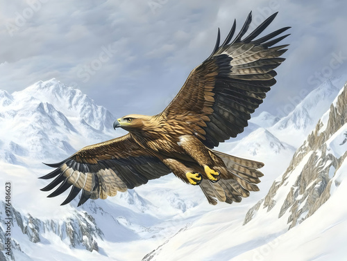 Majestic eagle soaring over snow-capped mountains, showcasing its powerful wings and keen vision in a breathtaking landscape. photo