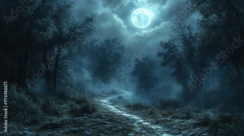 Enchanted Forest Trail at Night: Eerie Moonlight, Creeping Shadows, Ghostly Apparition in Haunted Woods photo