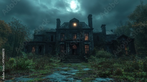 Haunting Night: Ghostly Presence in Abandoned Mansion with Overgrown Garden and Moonlit Shadows