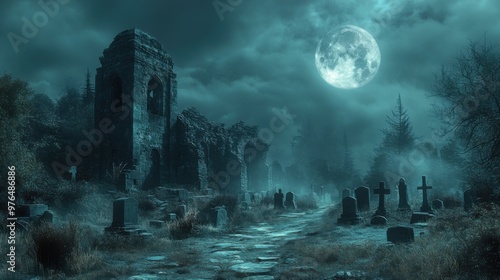 Eerie Night in the Haunted Graveyard - Ghostly Figure Among Crooked Tombstones and Ancient Mausoleum under Full Moon