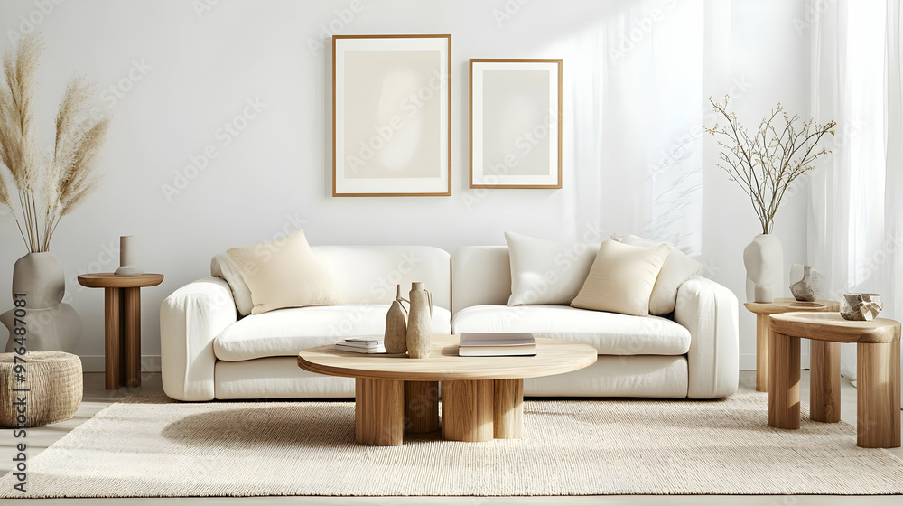 Stylish and modern living room with neutral tones, featuring a cozy sofa, wooden furniture, and decorative plant elements. Stylish and modern living room with neutral tones, featuring a cozy sofa, wooden furniture, and decorative plant elements.
