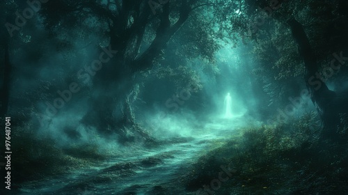 Wallpaper Mural Ghostly Encounter in the Haunted Forest - A Chilling Display of Moonlit Shadows and Eerie Atmosphere Torontodigital.ca