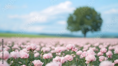 A field full of peony roses and clear blue sky, Generative AI 