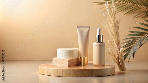 Wallpaper Mural Mockup of a cosmetic product displayed on a wooden podium against a beige background Torontodigital.ca