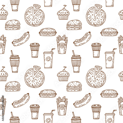 A playful pattern featuring various fast food items like burgers, pizza, cupcakes, and drinks, perfect for culinary-themed designs.