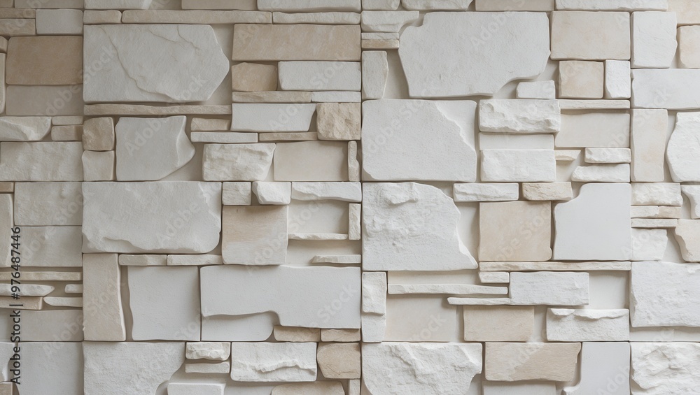 Obraz premium close-up view of a textured wall composed of irregularly shaped, light-colored stone tiles