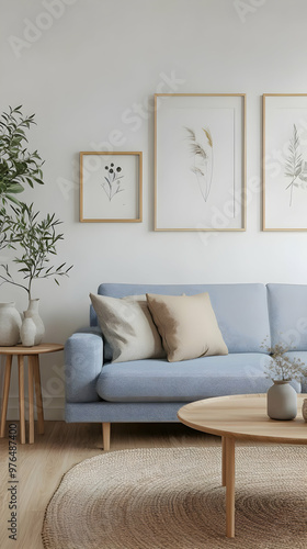 Stylish living room featuring a light blue sofa, elegant decor, and botanical prints, perfect for modern interior inspiration.