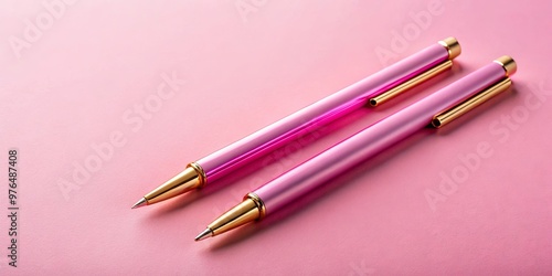 Two pink pens with gold tips on a pink surface