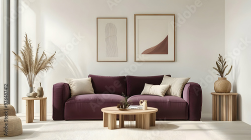 Stylish living room featuring a modern sofa, decorative pillows, artwork, and natural decor, creating a cozy and inviting atmosphere.