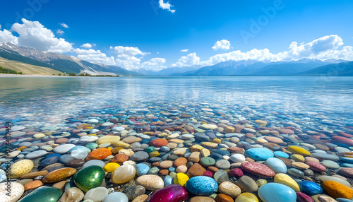 The sea is full of colorful pebbles, and the pebble beach on both sides is covered with many colored glass stones