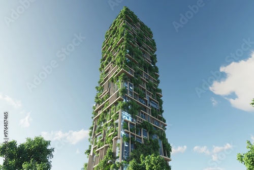 A modern skyscraper adorned with greenery, showcasing innovative architecture blending nature and urban living against a blue sky.