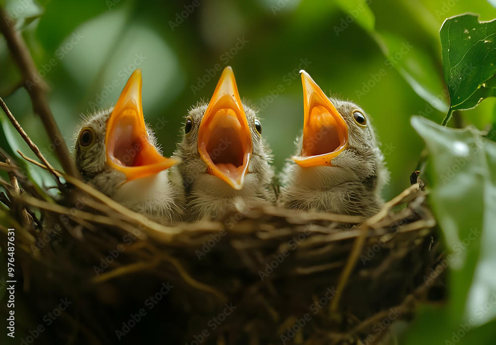 Three baby birds with open beaks, eagerly waiting for food in their cozy nest surrounded by lush green foliage. Three baby birds with open beaks, eagerly waiting for food in their cozy nest surrounded by lush green foliage.