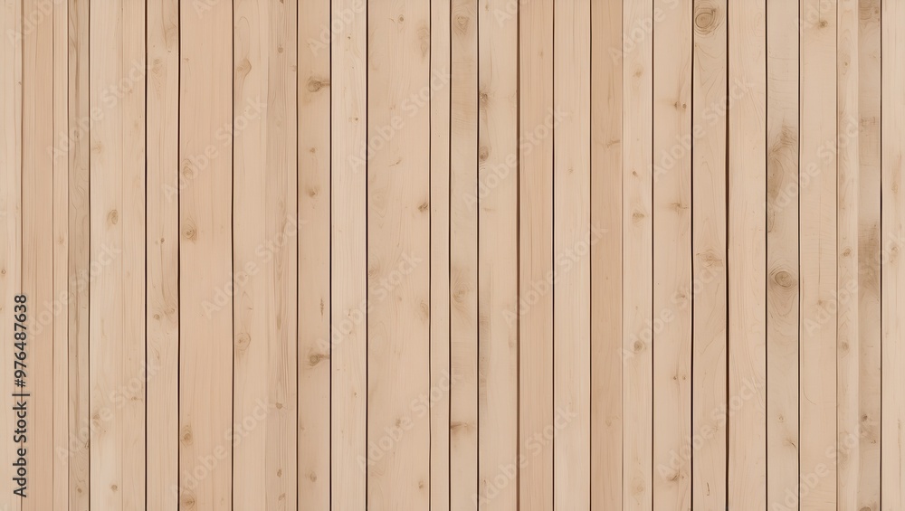 Naklejka premium vertical layout of a wooden wall with a series of evenly spaced, vertical planks. The wood has a light, natural color with visible grain patterns and some areas showing darker, weathered spots.