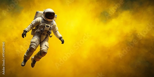 Abstract painting of astronaut floating in air with yellow background and black outline wall