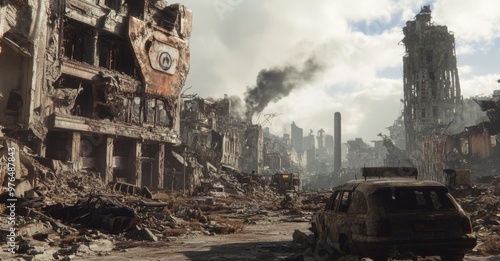 Fototapeta Naklejka Na Ścianę i Meble -  A deserted city street with rubble and a car in the foreground.