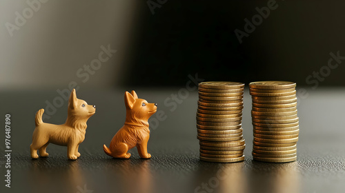 Two toy dogs contemplate stacks of coins, symbolizing wealth, savings, and the playful relationship between pets and finance.