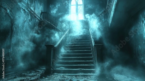 Ghostly Apparition on Dark Abandoned Staircase with Moonlight, Eerie Silence