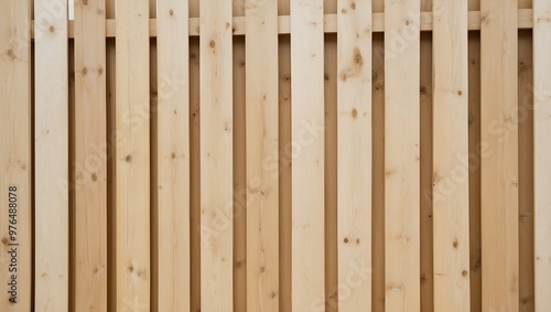 close-up view of a wooden fence. The fence is composed of vertical wooden planks that are light brown in color with visible wood grain and knots