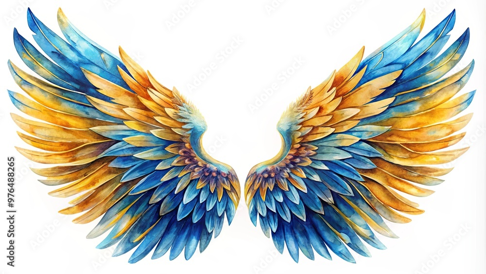 A vibrant watercolor painting of golden and blue feathered wings A vibrant watercolor painting of golden and blue feathered wings