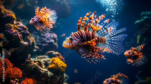 Vibrant lionfish swimming gracefully among colorful coral formations in a stunning underwater habitat. photo