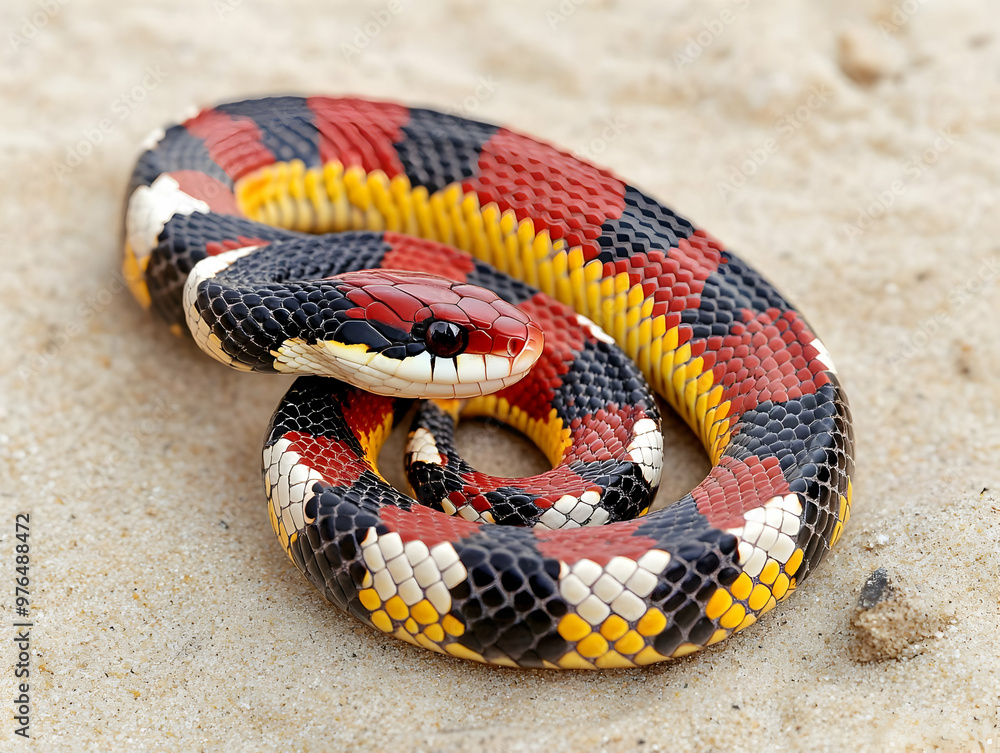 Fototapeta premium Vibrant snake resting on the ground, showcasing striking colors of red, black, and yellow in a beautiful natural setting.