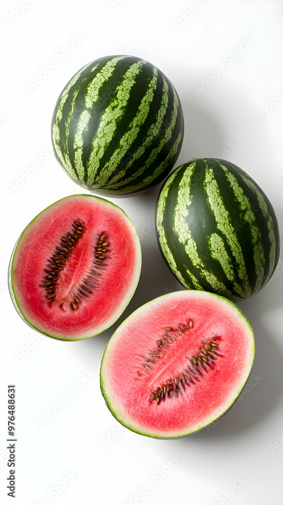 Vibrant watermelons on a white surface, showcasing their juicy pink flesh and black seeds, perfect for summer freshness. Vibrant watermelons on a white surface, showcasing their juicy pink flesh and black seeds, perfect for summer freshness.