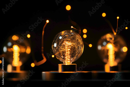 A close-up view of glowing lightbulbs with intricate filaments sparking electrical currents, symbolizing the flow of energy, innovation, and the power of bright ideas in a dark, warm-lit setting. photo