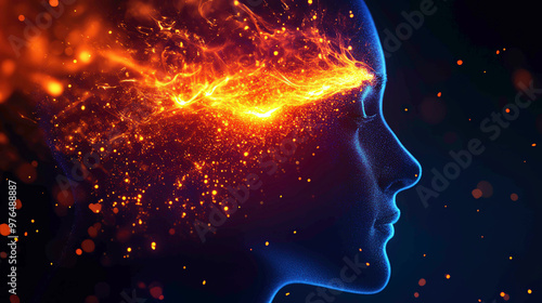 A side profile of a head with a fiery explosion of glowing energy and particles flowing from the mind, symbolizing the power of imagination, creativity, and mental energy.