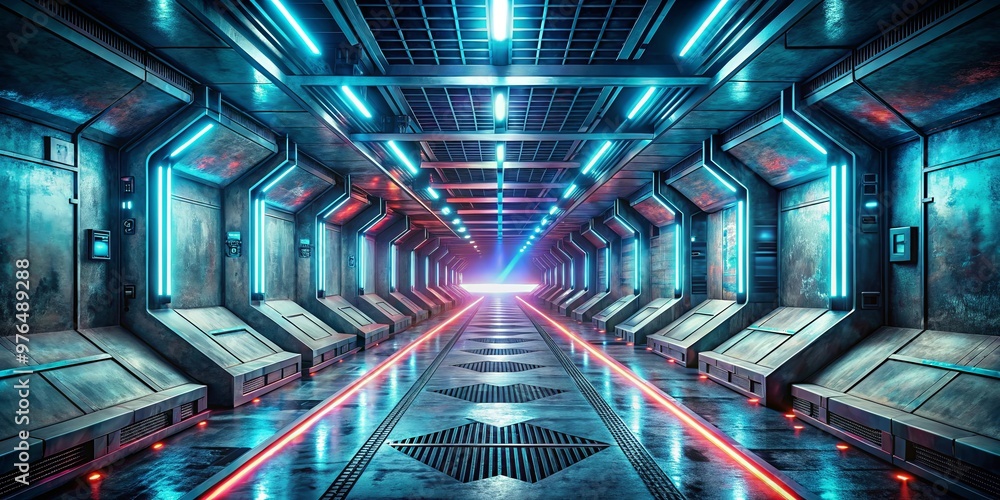 Futuristic alien tunnel ship corridor with laser light on grunge reflective concrete background Futuristic alien tunnel ship corridor with laser light on grunge reflective concrete background