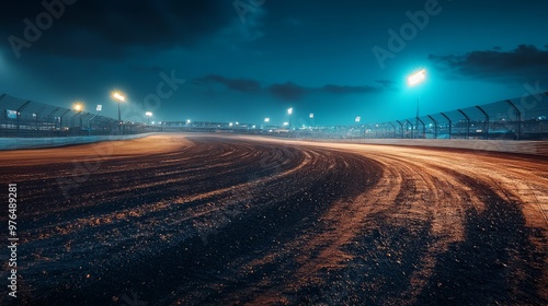 Night view of an empty dirt racetrack illuminated by bright lights, capturing the curve and texture under a moody sky. photo