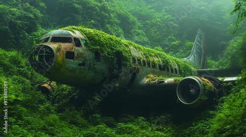 Wallpaper Mural Old, abandoned airplane covered in greenery and moss, located in dense forest, illustrating nature reclamation over man-made structures. Torontodigital.ca