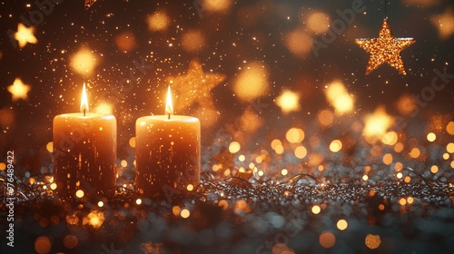 Happy New Year greeting illuminated by glowing string lights, with soft candlelight and golden stars twinkling in the background, creating a cozy and festive ambiance for the new beginning. 3d