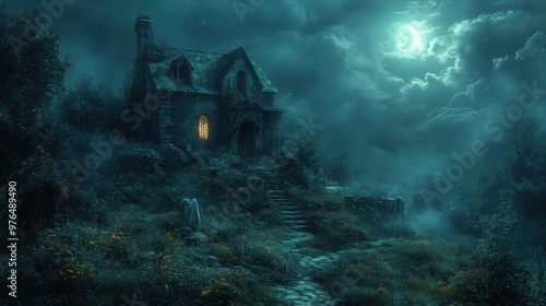Eerie Haunted House on Hill: Ghostly Figure, Moonlit Garden, Chilling Shadows - Spooky Halloween Scene