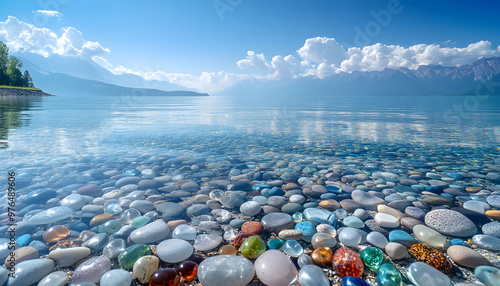 The sea is full of colorful pebbles, and the pebble beach on both sides is covered with many colored glass stones