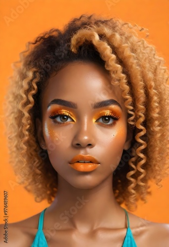 High detailed portrait of a young adult Brazilian taned skin female with glittery orange, turquoise and yellow makeup.