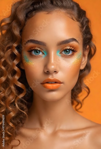 High detailed portrait of a young adult Brazilian taned skin female with glittery orange, turquoise and yellow makeup.