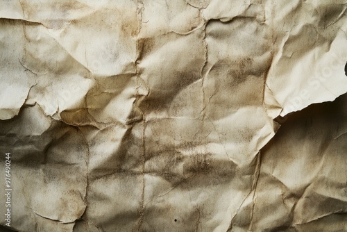 Interesting texture of old paper, darkened by time and dirty, on a white background. Unique vintage texture of old paper about 60-70 years old, ai