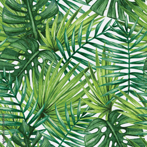 A vibrant pattern of various green tropical leaves, showcasing natural beauty and lush vegetation.