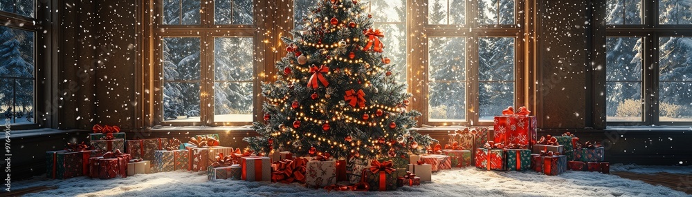 A vibrant Christmas tree standing tall, its branches heavy with sparkling lights, tinsel, and glass baubles, surrounded by an array of colorfully wrapped gifts with bows, nestled in a snowy windowed A vibrant Christmas tree standing tall, its branches heavy with sparkling lights, tinsel, and glass baubles, surrounded by an array of colorfully wrapped gifts with bows, nestled in a snowy windowed