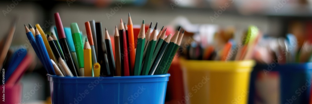 The image features an array of brightly colored pencils arranged in various containers on a desk, showcasing the vibrant and creative potential of art supplies. The image features an array of brightly colored pencils arranged in various containers on a desk, showcasing the vibrant and creative potential of art supplies.